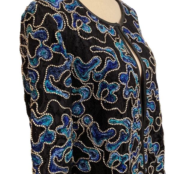 Dennis Basso Black and Blue Embroidered Soutache Jacket Size 10 - Picture 3 of 8